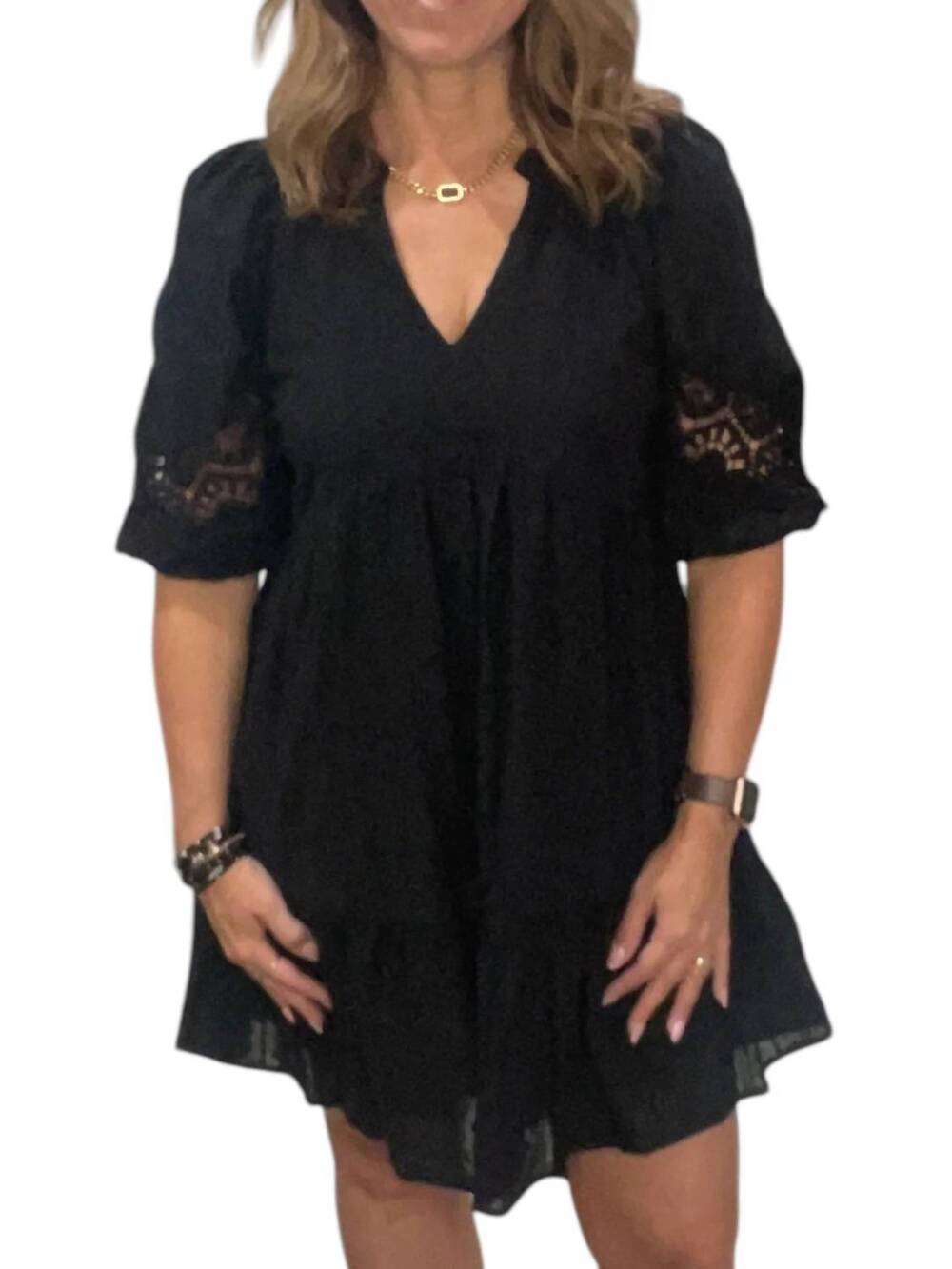NEW UMGEE crochet sleeve v-neck dress in black
